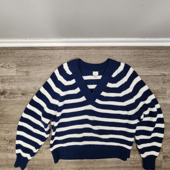 Navy Stripe Sweater VNeck Pullover Cable  Size L oversized - Picture 7 of 12